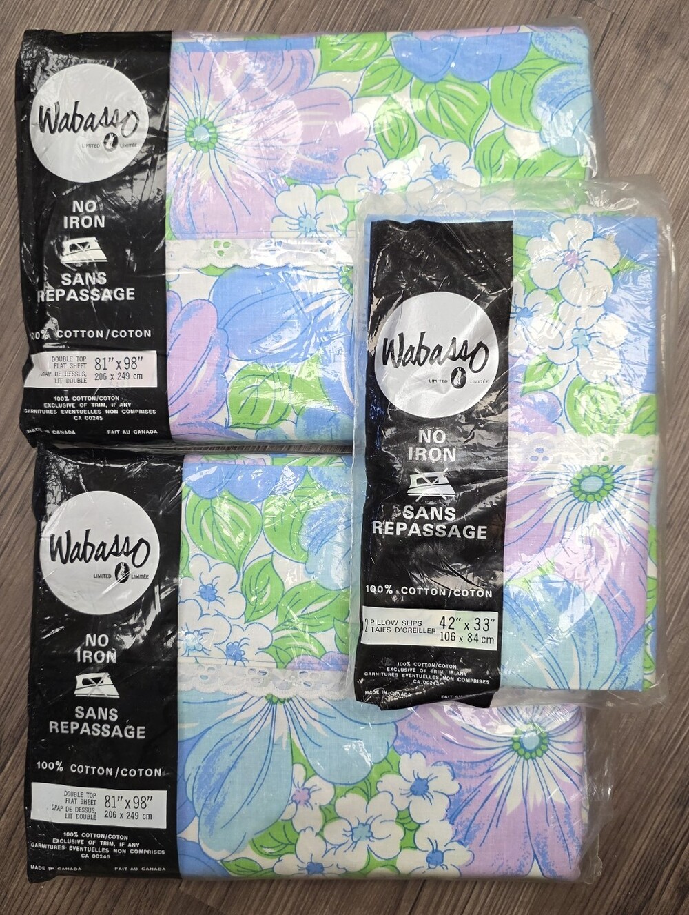 Vintage Wabasso Floral 100% Cotton Double Flat Sheets & Pillowcases Sealed PKGs